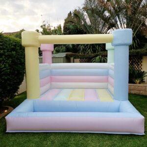 Rainbow square shaped jumping castle with ball pit